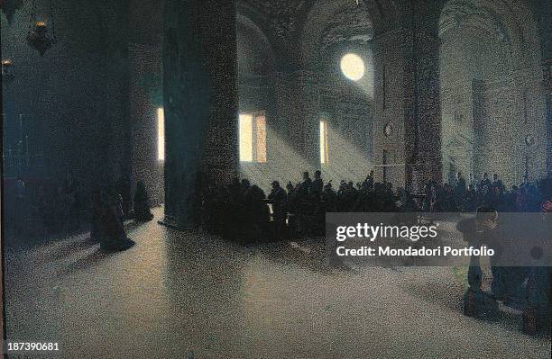 Italy, private collection, Painting depicting the inside of a church full of people sitting on benches, At the very right there are a man and a woman...