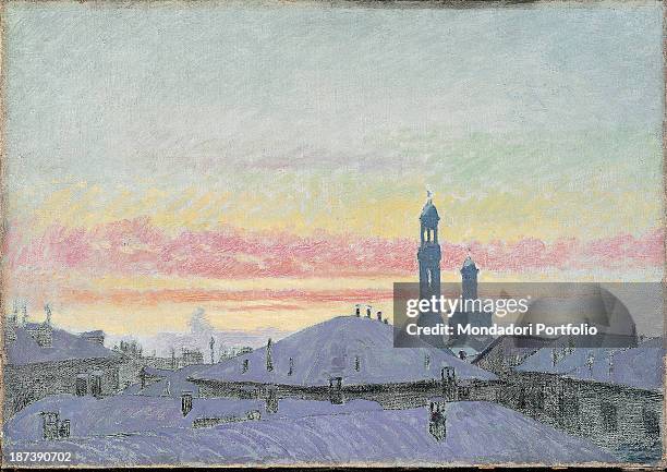 Italy, private collection, Painting depicting the roofs of Milan under the snow at sunset, The light colours convey a sense of cold, In the horizon,...