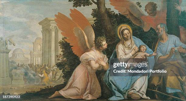 Italy, Veneto, Treviso, Museo Civico, All, The Holy Family resting in a hiding place behind bushes and trees during the escape to Egypt, The Virgin...