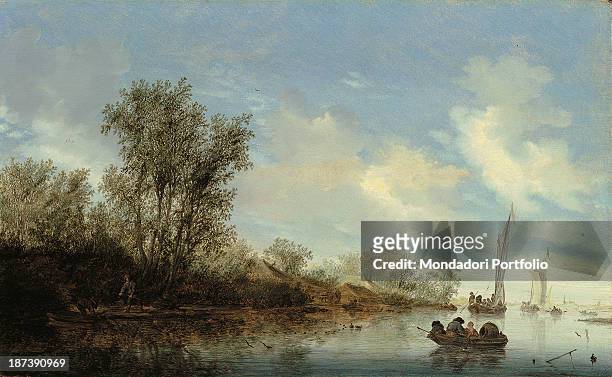 Spain, Madrid, Museo Thyssen-Bornemisza, All, River landscape showing fishermen on their boats, The sky is cloudy and the sunshine hazy, The left...