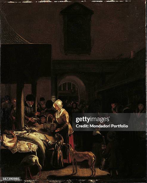 Spain, Madrid, Museo Thyssen-Bornemisza, All, A scene at the old Amsterdam fish market, A woman is in front of a fish shoal chosing fish, A dog is...