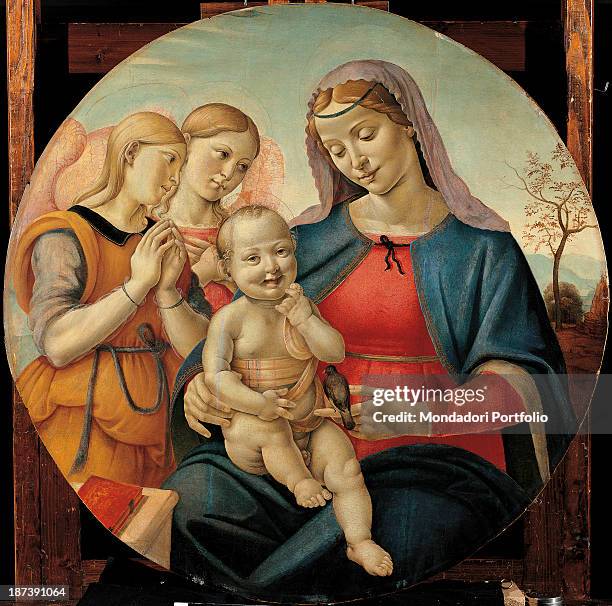 Spain, Madrid, Museo Thyssen-Bornemisza, All, Tondo with Holy Virgin Mary, who carries the smiling baby in her arms and a little bird in her hand;...