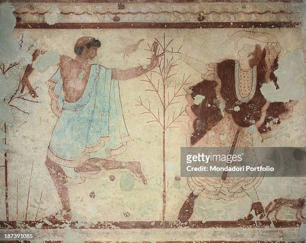Italy, Lazio, Tarquinia, Museo Archeologico Nazionale, Detail, King, in Etruscan lucumo, who dances together with a female dancer, The style is the...