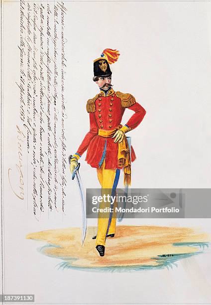 Italy, Tuscany, Siena, Archivio Storico del Comune, All, A man with big moustaches wears a military uniform with red jacket and yellow buttons,...