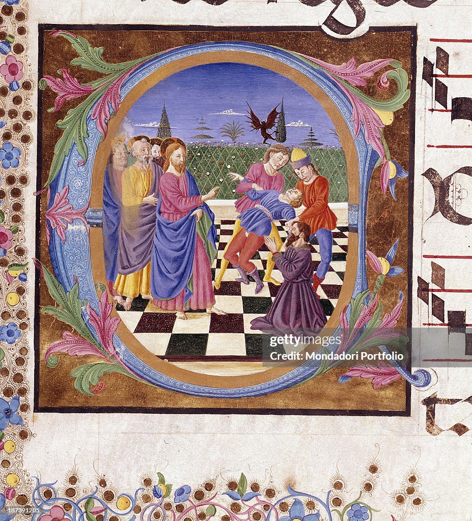 Christ heals the demoniac (Exultate), by Rosselli Francesco, 15th Century, illumination on vellum paper,
