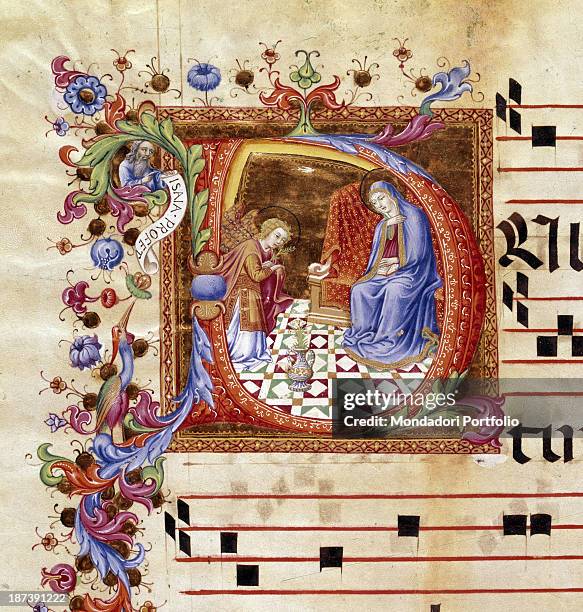 Italy, Tuscany, Siena, Cattedrale di Santa Maria Assunta - Duomo - - Libreria Piccolomini, Detail, An illuminated page with staff, notes and lyrics...