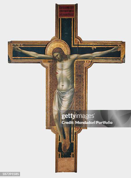 Italy, Emilia-Romagna, Rimini, Tempio Malatestiano; All; Christ crucified with a transparent thong and golden halo;.