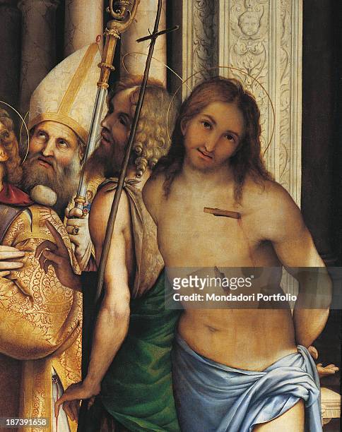 Italy, Lombardy, Bergamo, Chiesa di San Bartolomeo, Detail, Three saints, St, Augustine as a bishop with miter and pastoral, St, John the Baptist as...