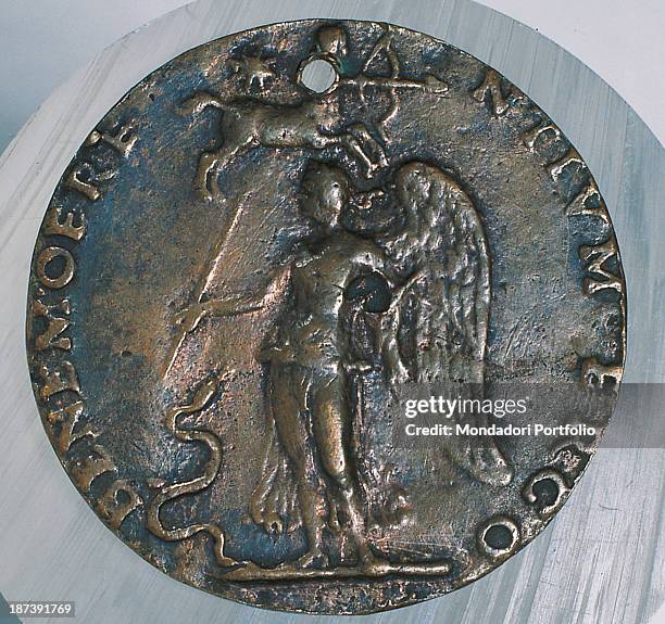 Italy, Emilia-Romagna, Bologna, Museo Civico Archeologico, Total of the back, Winged woman with cane, corn and snake, Above, a star and the symbol of...