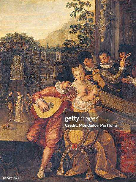 Italy, Veneto, Treviso, Museo Civico Luigi Bailo, All, Some musicians wearing lace ruffs, necklaces, blouses and hats play instruments including...