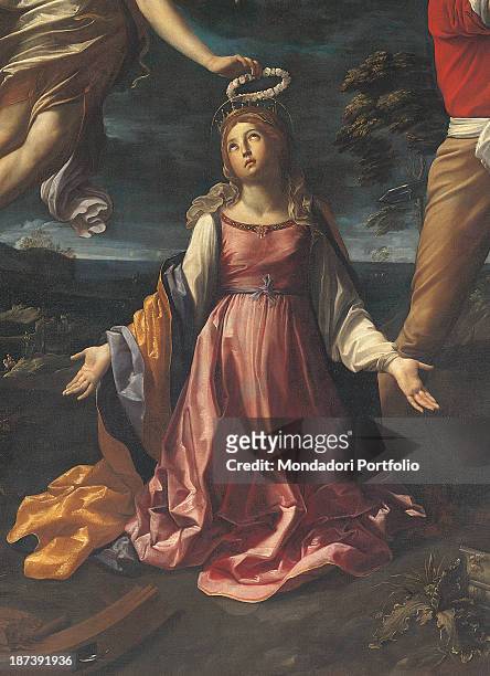 Italy, Liguria, Albenga, Museo Diocesano, Detail, The saint, portrayed as a young woman wearing seventeenth-century clothes, receiving a wreath from...