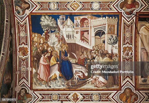 Italy, Umbria, Assisi, Papal Basilica of St, Francis of Assisi - Lower Basilica, All, Jesus arrives in Jerusalem on a donkey with a blue robe...