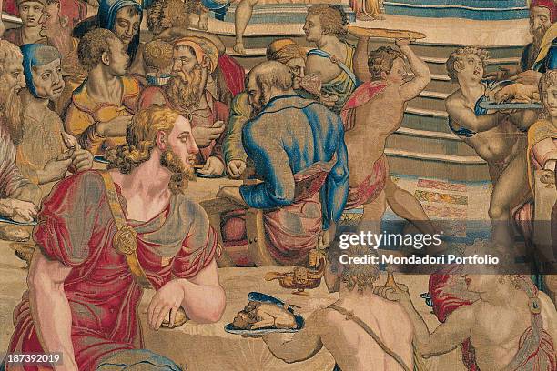 Italy, Lazio, Rome, Palazzo del Quirinale, Detail, Joseph and his brothers attend a banquet sitting on chairs at the tables, with half-naked servants...