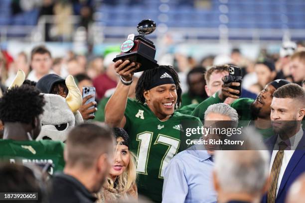 Byrum Brown of the South Florida Bulls celebrates after defeating the Syracuse Orange in the RoofClaim.com Boca Raton Bowl game at FAU Stadium on...