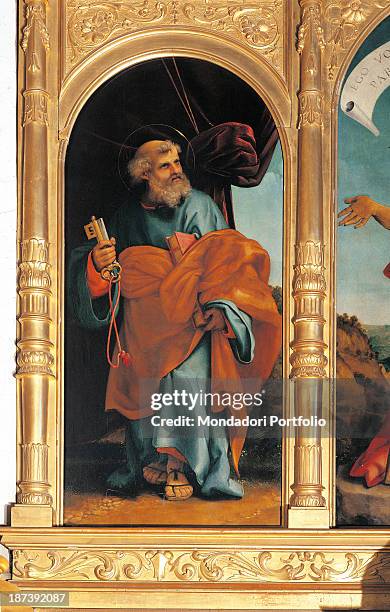 Italy, Lombardy, Ponteranica, Chiesa parrocchiale dei Santi Alessandro e Vincenzo, Detail: Saint Peter dressed in blue and gold, holding the keys in...