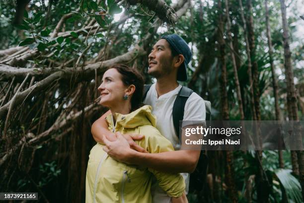 couple in rainforest with banyan trees - banyan tree stock pictures, royalty-free photos & images