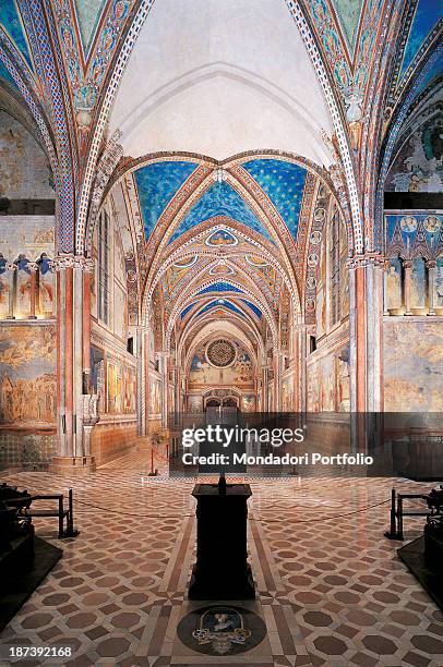 Italy, Umbria, Assisi, Papal Basilica of St, Francis of Assisi - Upper Basilica, Axial view of the nave towards the choir, Cross vaults and floor...