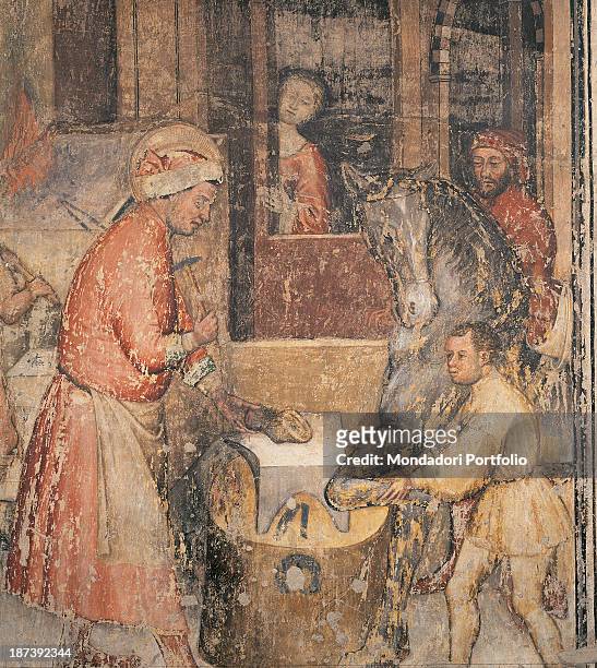 Italy, Veneto, Verona, Chiesa di Sant'Anastasia, All, Miracle of Saint Eligius, While the saint works as a blacksmith and he shoes a horse's hoof on...