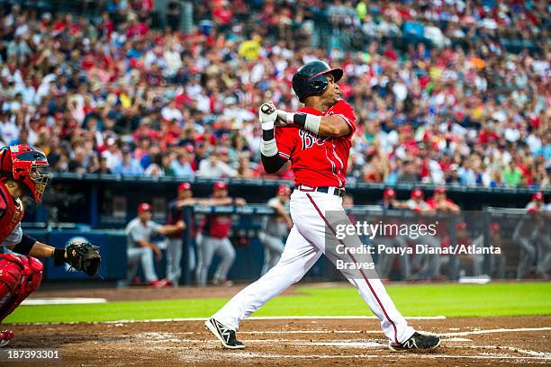 Jose Constanza of the Atlanta Braves bats against the St. Louis Cardinals at Turner Field on July 26, 2013 in Atlanta, Georgia. The Braves won 4-2.