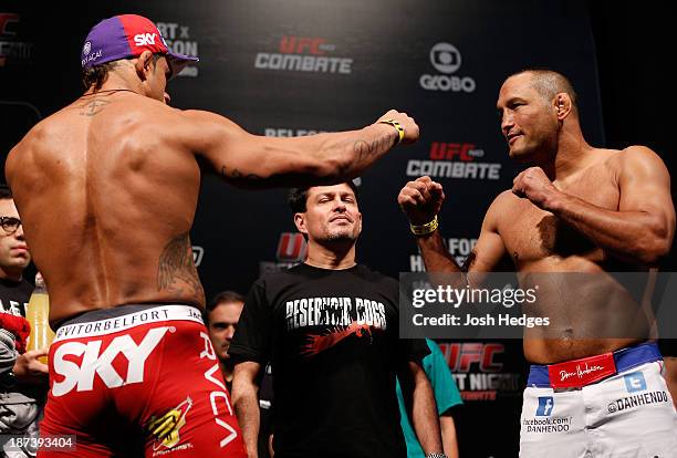 Opponents Vitor Belfort and Dan Henderson face off during the UFC weigh-in event at Arena Goiania on November 8, 2013 in Goiania, Brazil.