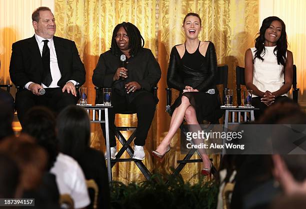 Actress Whoopi Goldberg speaks as production executive Harvey Weinstein, actress Blake Lively, actress Naomie Harris listen during a workshop for...