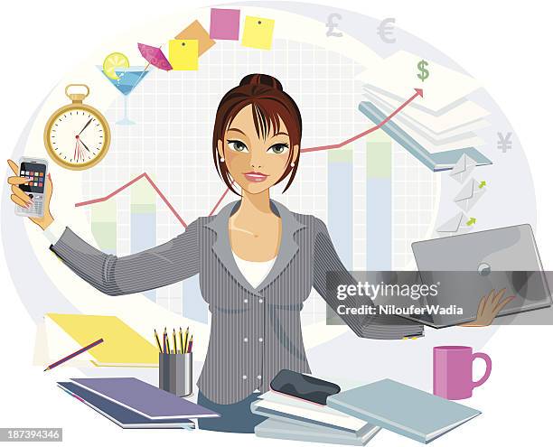 multitasking geschäftsfrau - jonglieren stock-grafiken, -clipart, -cartoons und -symbole