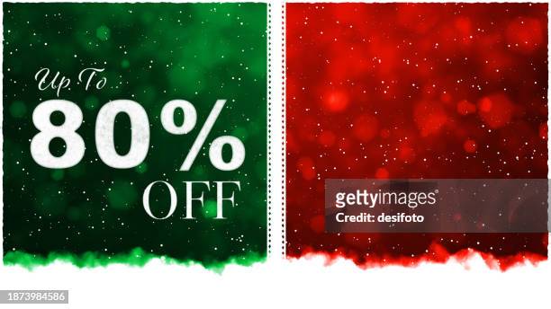 shiny maroon red green horizontal christmas bokeh lights festive celebration textured wallpaper or background divided in two halves, glitter like glittering dots, snowing snow, text up to  80 % off for black friday discounts sale shopping poster - 80 percent stock illustrations