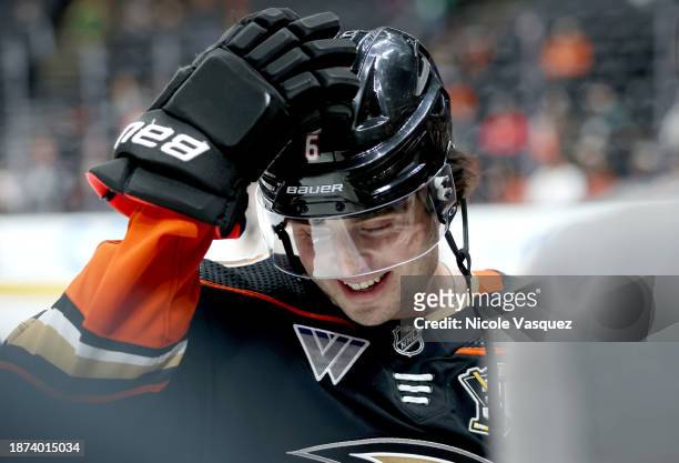 Jamie Drysdale of the Anaheim Ducks smiles during warmups before the game against the Calgary Flames at Honda Center on December 21, 2023 in Anaheim,...
