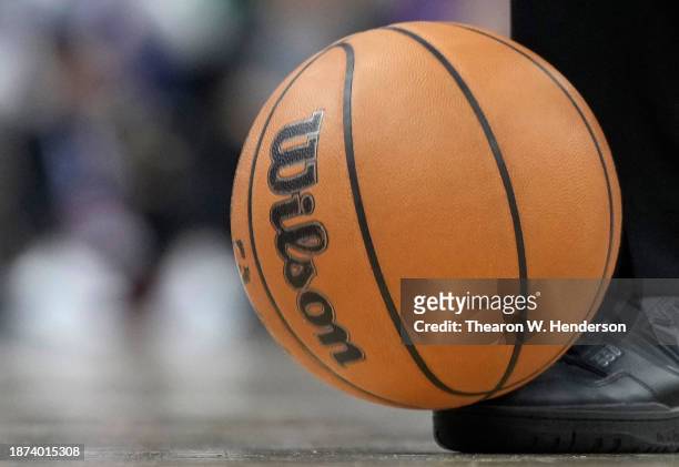 Detailed view of the official Wilson NBA basketball used during the game between the Boston Celtics and Sacramento Kings at Golden 1 Center on...