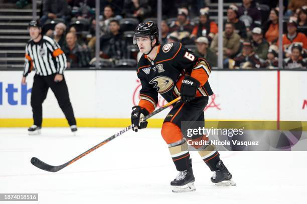 Jamie Drysdale of the Anaheim Ducks tracks the puck in the second period during the game against the Calgary Flames at Honda Center on December 21,...