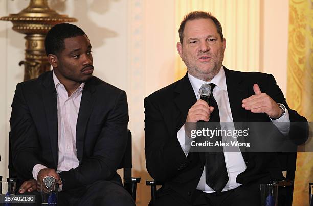 Production executive Harvey Weinstein speaks as director Ryan Coogler listens during a workshop for high school students from DC, New York and Boston...