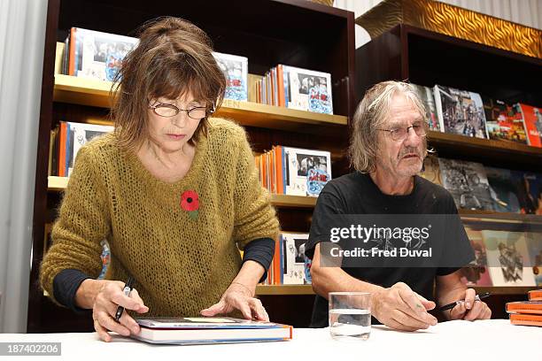 Jane Birkin and Andrew Birkin signs copies of new book 'Jane & Serge' at Taschen Store on November 8, 2013 in London, England.