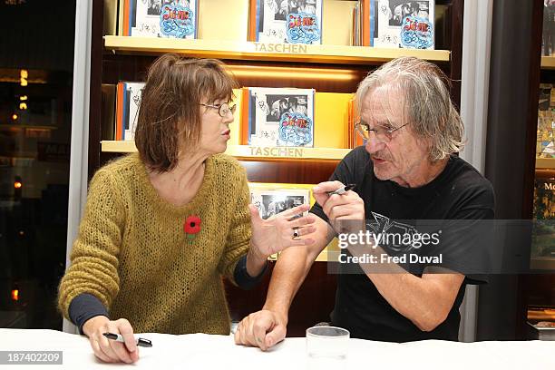 Jane Birkin and Andrew Birkin sign copies of new book 'Jane & Serge' at Taschen Store on November 8, 2013 in London, England.
