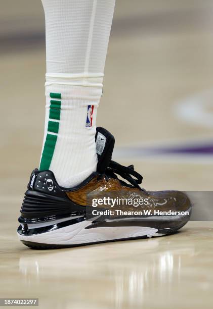 Detailed view o the Nike basketball shoes worn by Jaylen Brown of the Boston Celtics against the Sacramento Kings during an NBA basketball game at...