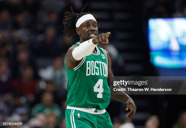 Jrue Holiday of the Boston Celtics looks on against the Sacramento Kings during the first half of an NBA basketball game at Golden 1 Center on...