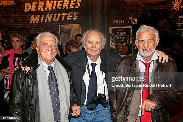 Alain Belmondo, journalist Christian Brincourt and legendary actor Jean-Paul Belmondo pose as they attend the "100th Anniversary Of The Paris...