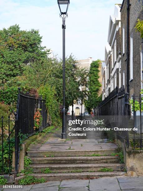 a narrow street, lined with gardens and houses, in the residential area of clerkenwell in london, england, united kingdom. no people. - islington stock pictures, royalty-free photos & images