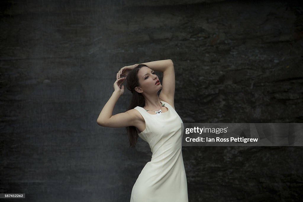 Model at waterfall