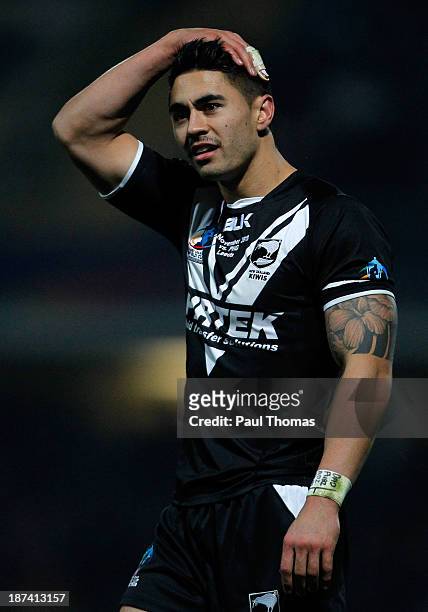 Shaun Johnson of New Zealand watches on during the Rugby League World Cup Group B match at Headingley Stadium on November 8, 2013 in Leeds, England.