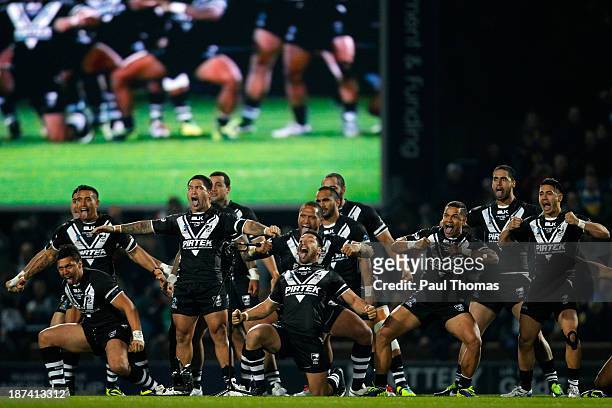 New Zealand players preform the Haka before the Rugby League World Cup Group B match at Headingley Stadium on November 8, 2013 in Leeds, England.