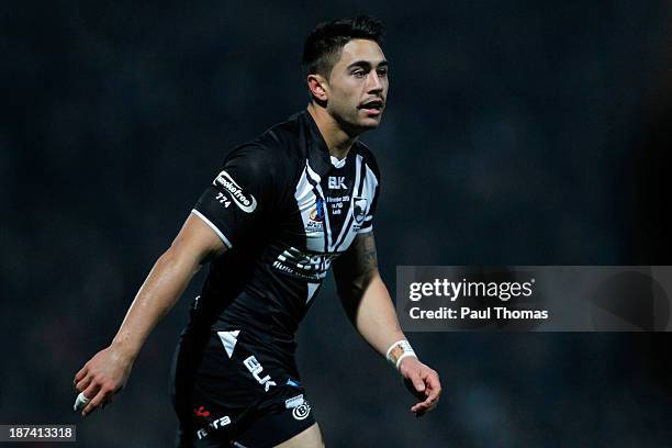 Shaun Johnson of New Zealand watches on during the Rugby League World Cup Group B match at Headingley Stadium on November 8, 2013 in Leeds, England.