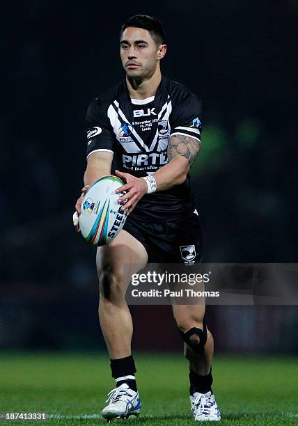 Shaun Johnson of New Zealand in action during the Rugby League World Cup Group B match at Headingley Stadium on November 8, 2013 in Leeds, England.