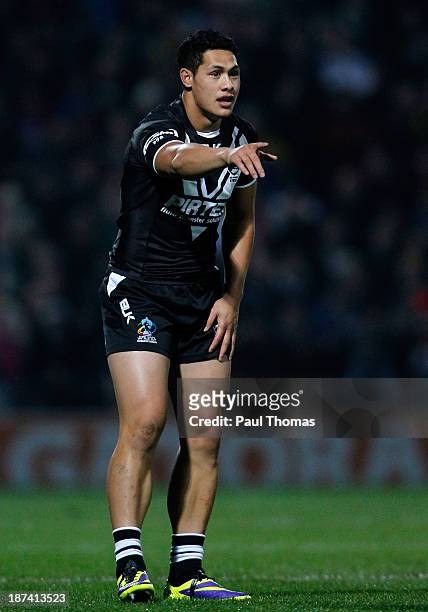 Roger Tuivasa-Sheck of New Zealand gestures during the Rugby League World Cup Group B match at Headingley Stadium on November 8, 2013 in Leeds,...