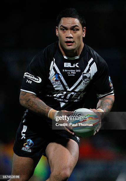 Issac Luke of New Zealand in action during the Rugby League World Cup Group B match at Headingley Stadium on November 8, 2013 in Leeds, England.