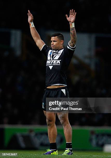 Josh Hoffman of New Zealand gestures during the Rugby League World Cup Group B match at Headingley Stadium on November 8, 2013 in Leeds, England.