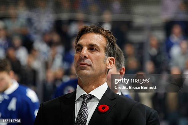 Chris Chelios, who will enter the Hockey Hall of Fame on November11, is honored prior to the game between the Toronto Maple Leafs and the New Jersey...