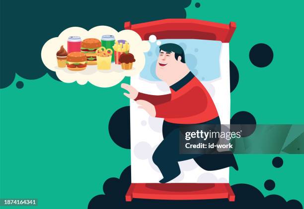 fat man sleeping in bed and chasing junk food in dream - fat guy eating donuts stock illustrations