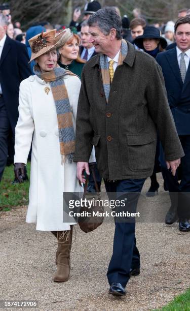 Timothy Laurence and Princess Anne, Princess Royal attend the Christmas Day service at St Mary Magdalene Church on December 25, 2023 in Sandringham,...