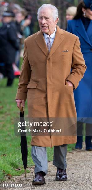 King Charles III attends the Christmas Day service at St Mary Magdalene Church on December 25, 2023 in Sandringham, Norfolk.