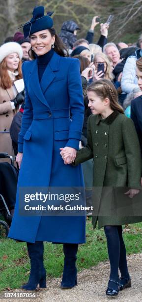 Catherine, Princess of Wales and Princess Charlotte of Wales attend the Christmas Day service at St Mary Magdalene Church on December 25, 2023 in...